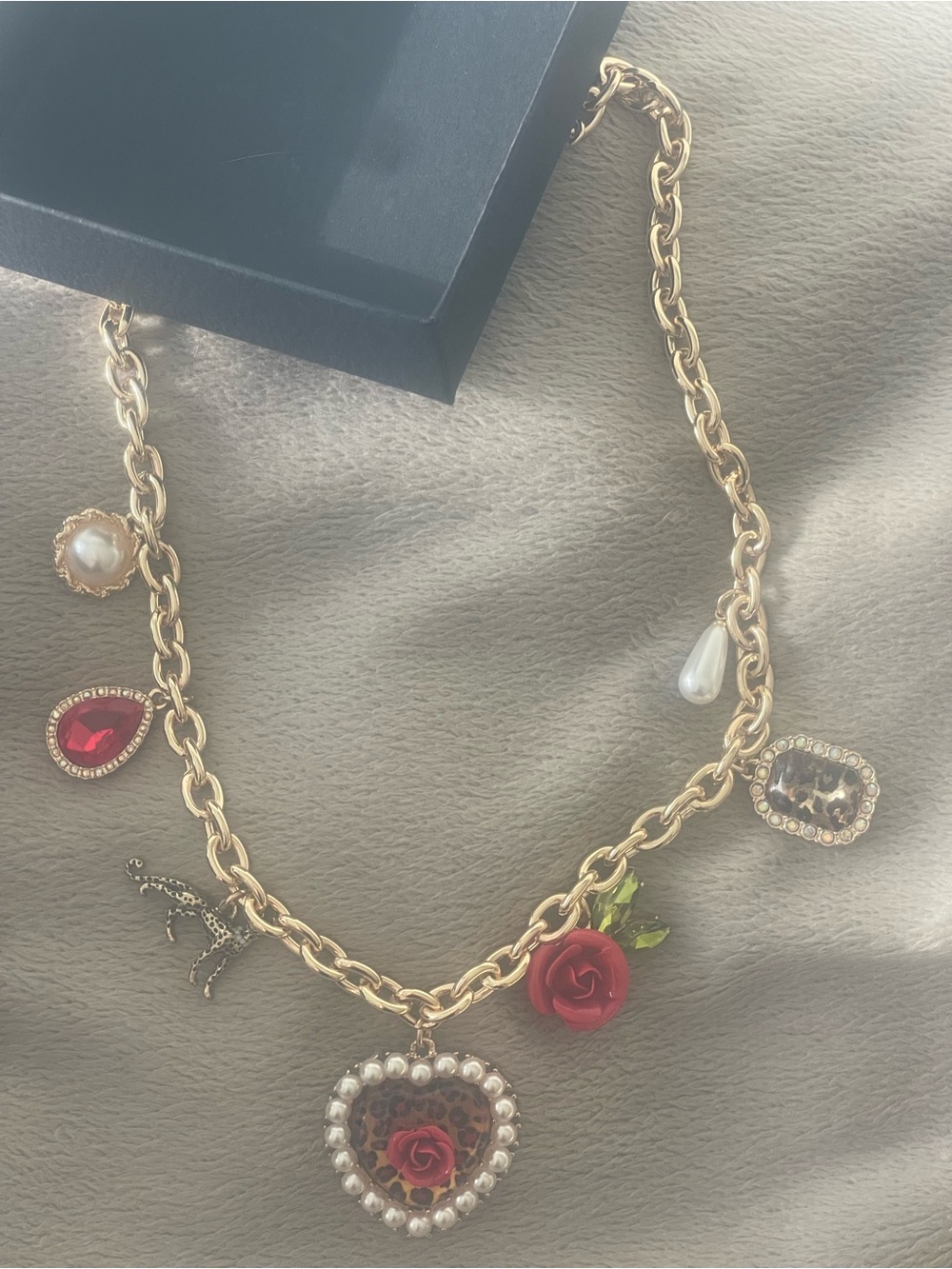 Betsey Johnson Gold-Tone Charm Necklace with Red Rose and Pearl Accents